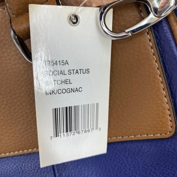 Tignanello Ink/Cognac Leather Satchel Handbag Striped Interior - New with Tags - Picture 4 of 11